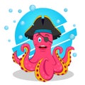 Vector isolated illustration with Cute Pink Pirate octopus. Print for T-shirt or children book on blue background with bubbles